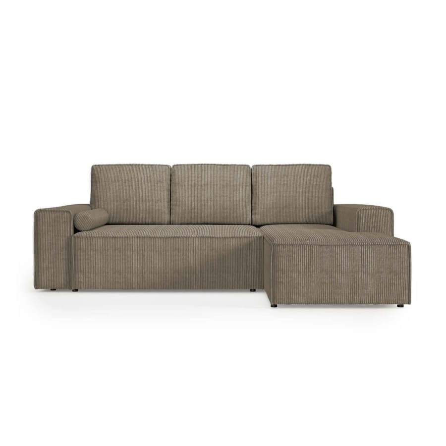 Canap&eacute; d'angle droit convertible avec coffre en velours c&ocirc;tel&eacute; taupe