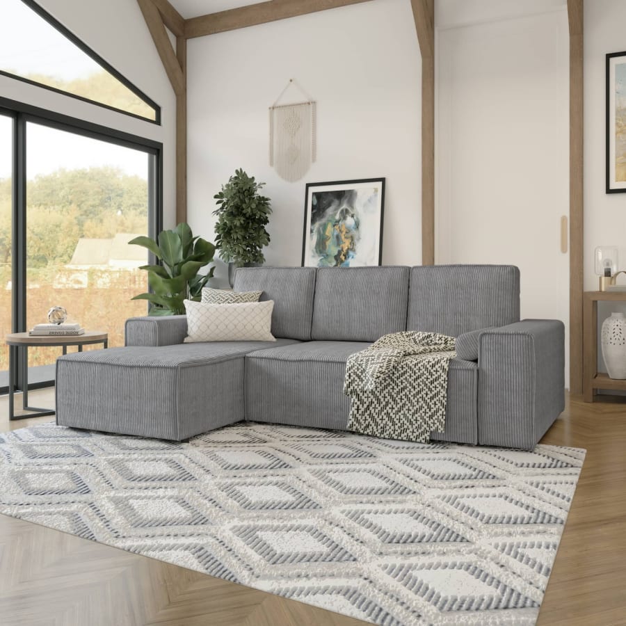 Canap&eacute; d'angle gauche convertible avec coffre en velours cotel&eacute; gris