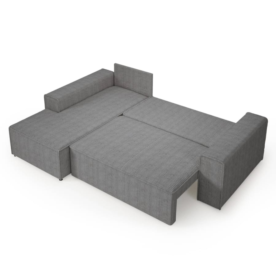 Canap&eacute; d'angle gauche convertible avec coffre en velours cotel&eacute; gris