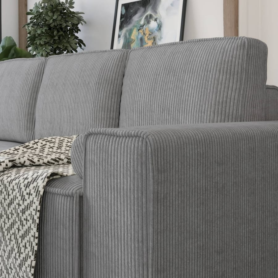 Canap&eacute; d'angle gauche convertible avec coffre en velours cotel&eacute; gris