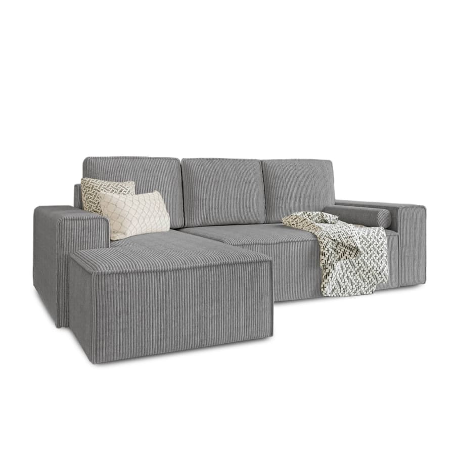 Canap&eacute; d'angle gauche convertible avec coffre en velours cotel&eacute; gris