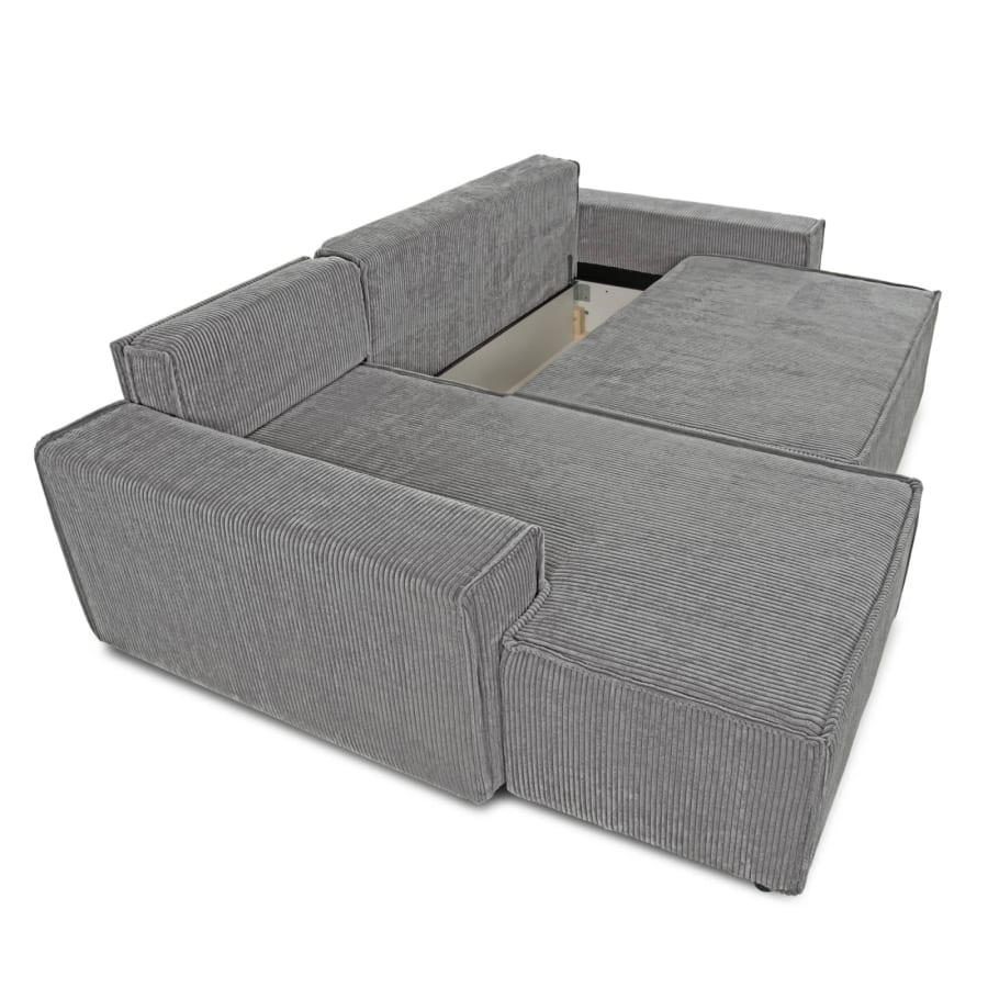 Canap&eacute; d'angle gauche convertible avec coffre en velours cotel&eacute; gris
