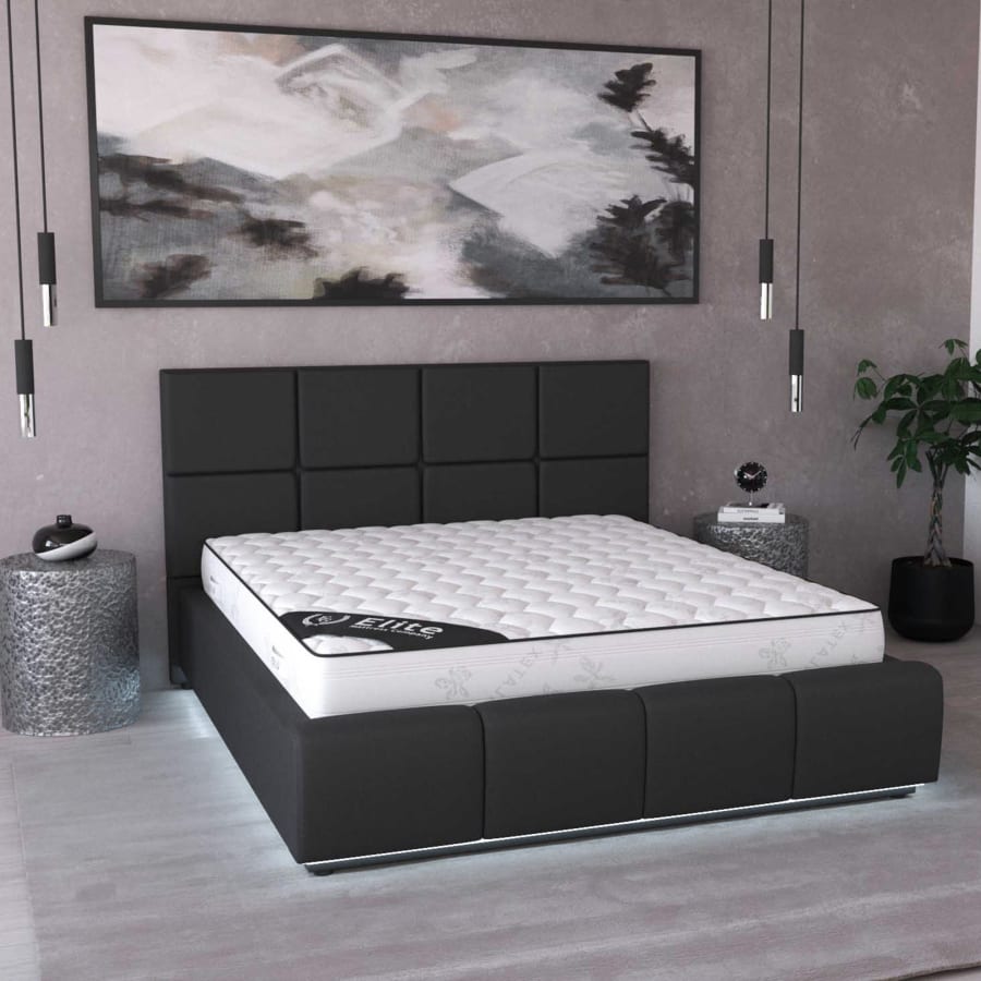 Lit coffre en simili cuir noir LED 140x190 cm