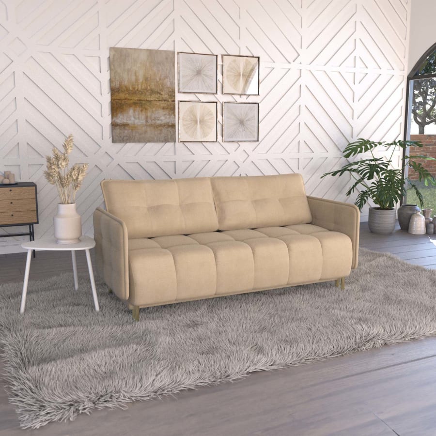 Canap&eacute; convertible 3 places avec coffre de rangement en velours beige