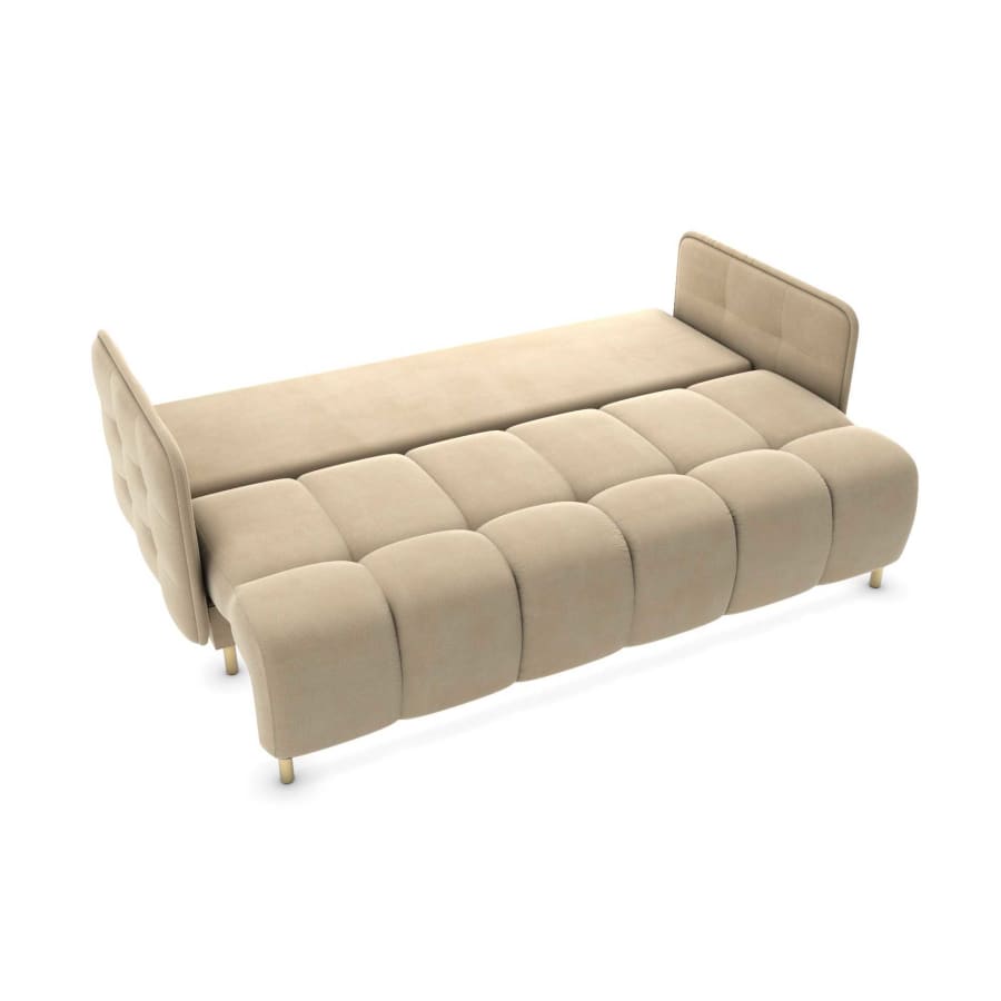 Canap&eacute; convertible 3 places avec coffre de rangement en velours beige