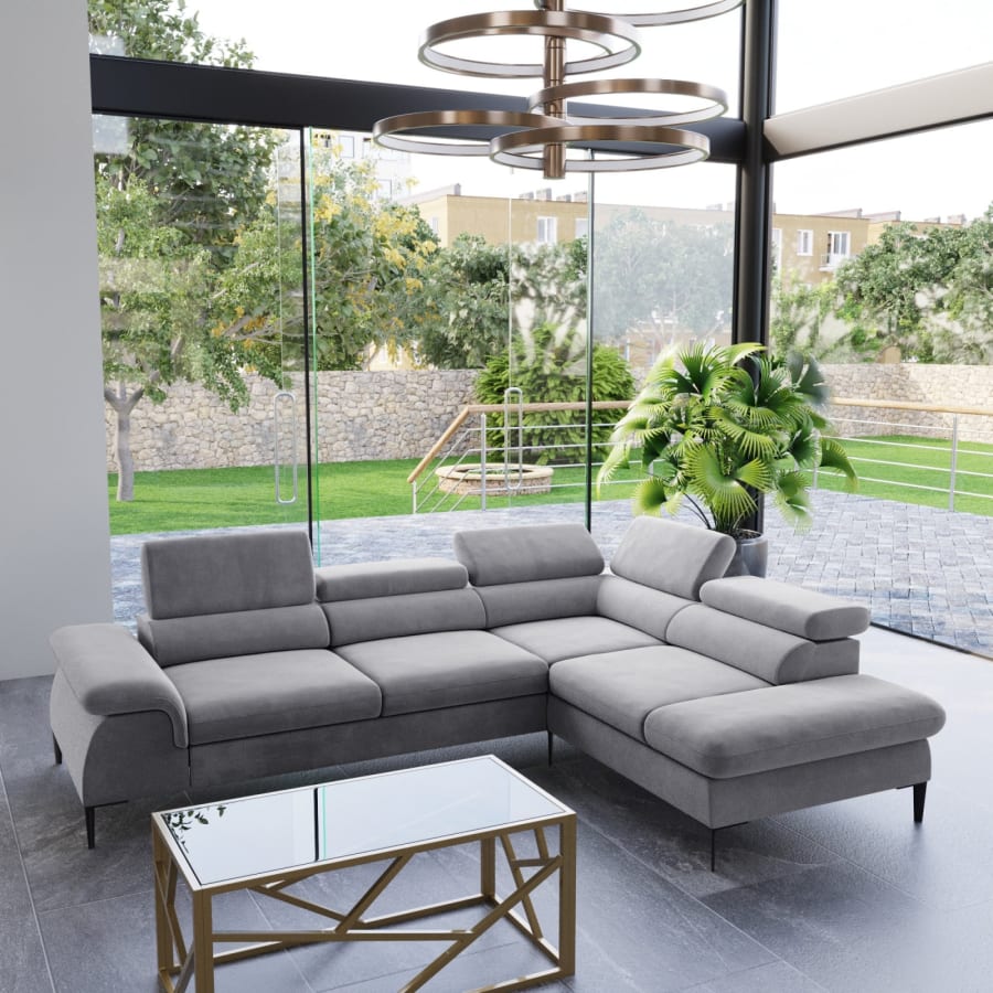 Canap&eacute; d'angle convertible avec coffre de rangement en velours gris clair DAYAN - Angle droit