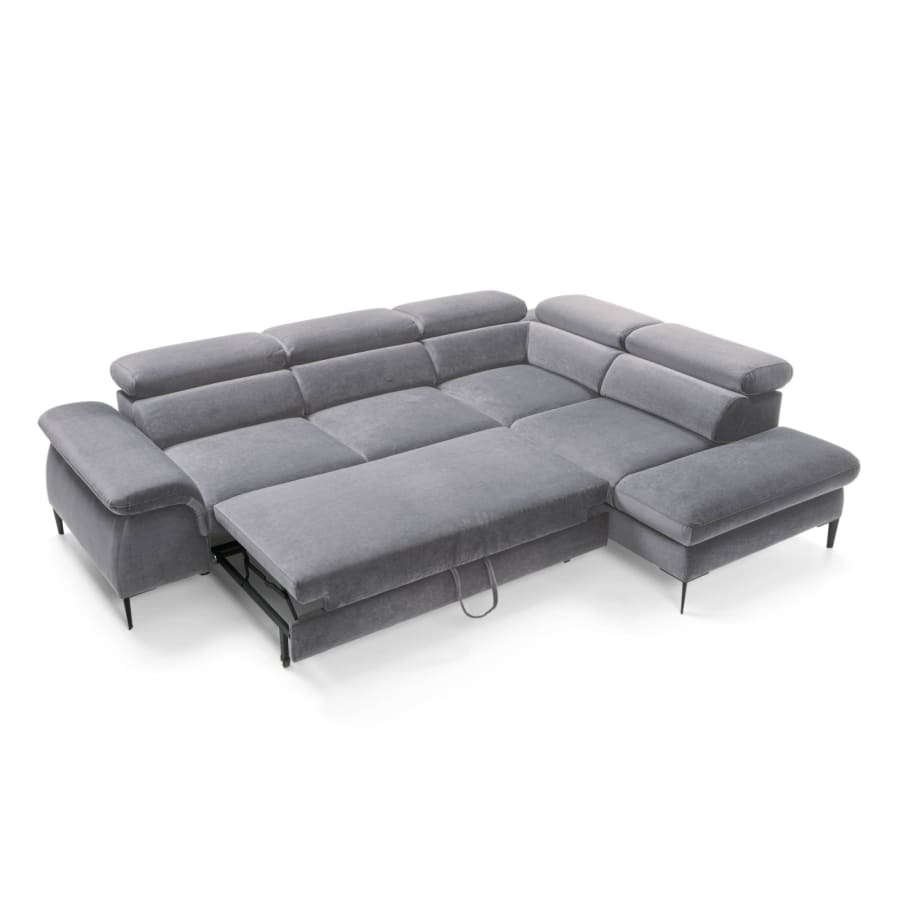 Canap&eacute; d'angle convertible avec coffre de rangement en velours gris clair DAYAN - Angle droit