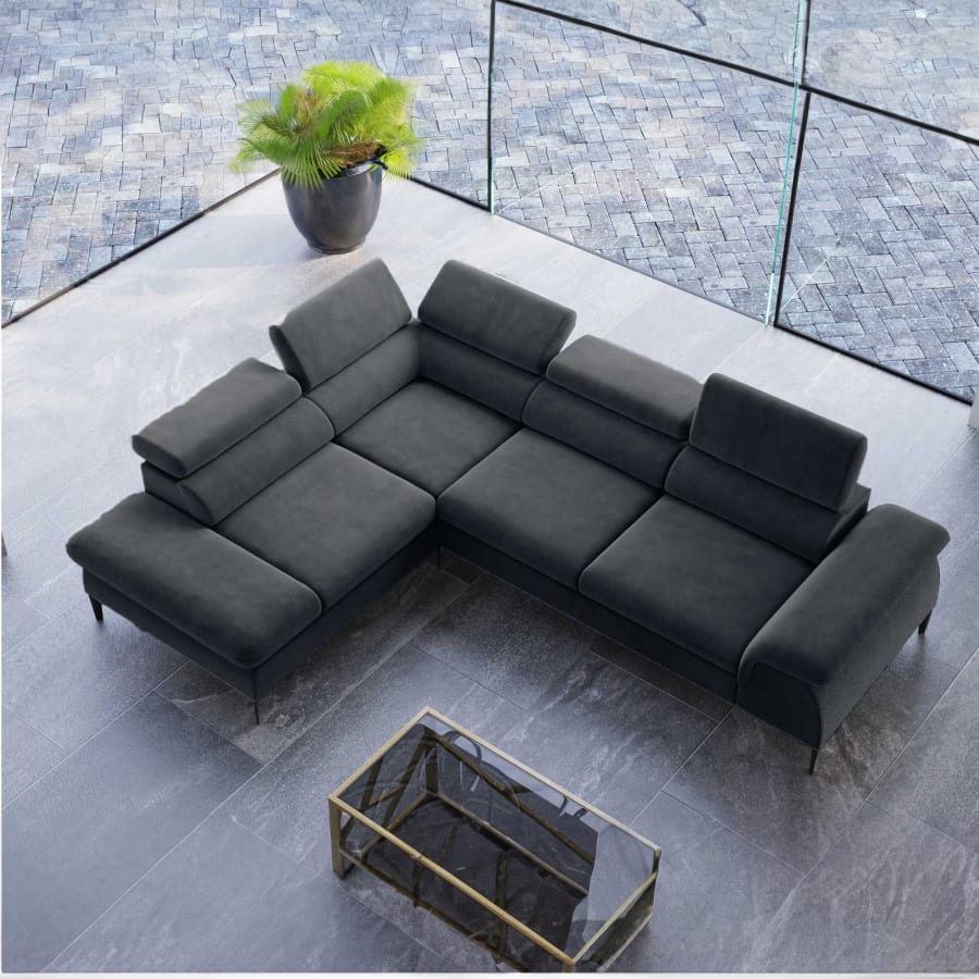 Canap&eacute; d'angle convertible avec coffre de rangement en velours gris fonc&eacute; - Angle gauche