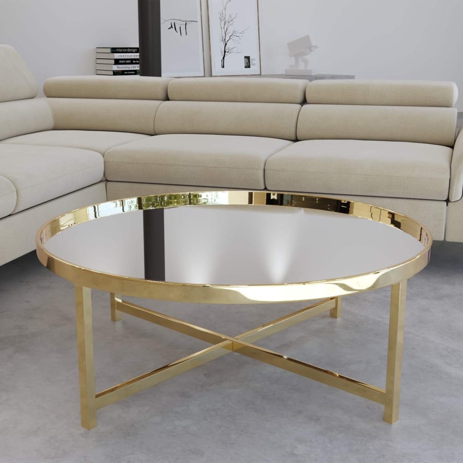 Table basse ronde en verre et m&eacute;tal dor&eacute;