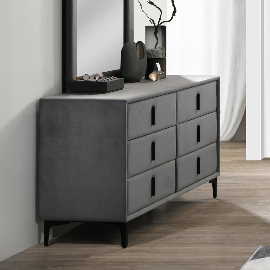 Commode 6 tiroirs en velours gris foncé