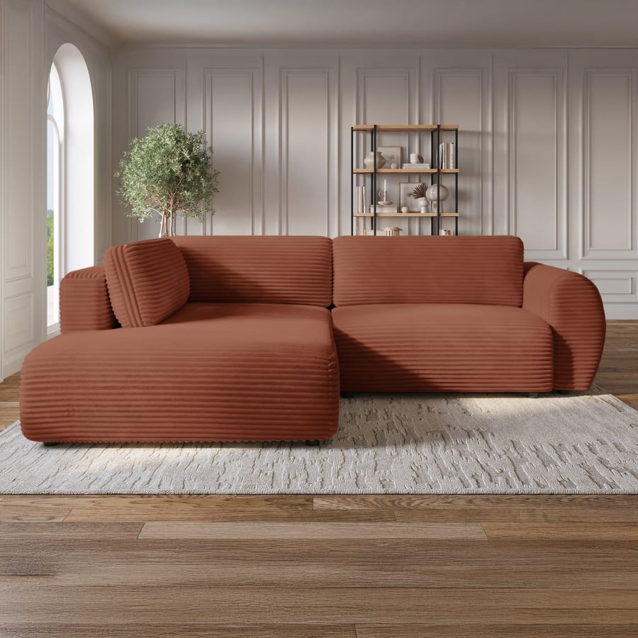 Canapé d'angle convertible et coffre velours côtelé épais terracotta - Angle gauche