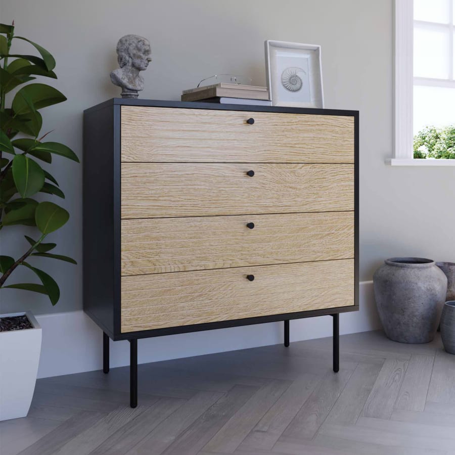 Commode industrielle 4 tiroirs en bois et métal noir