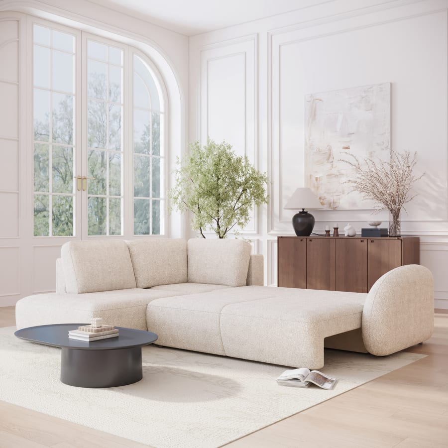 Canapé d'angle convertible avec coffre en tissu bouclette beige - Angle gauche