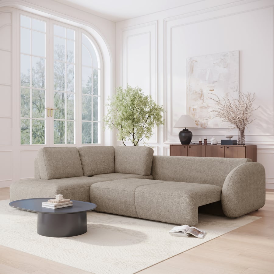 Canapé d'angle convertible avec coffre en tissu bouclette taupe - Angle gauche