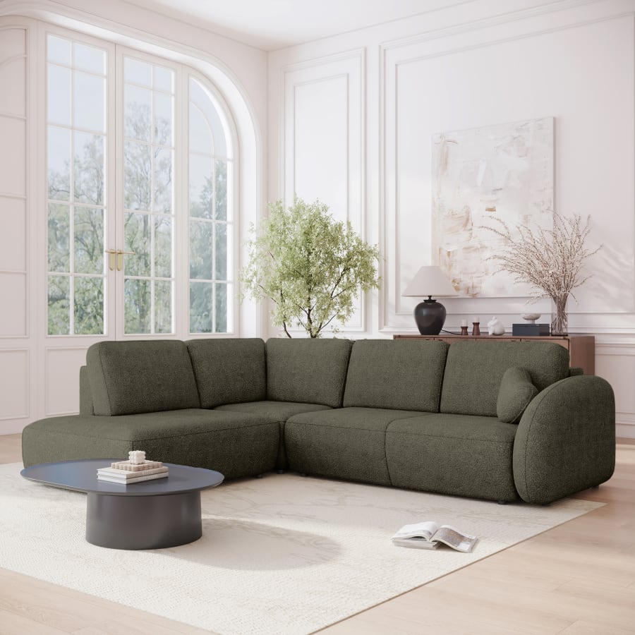 Canapé d'angle convertible avec coffre en tissu bouclette vert - Angle gauche