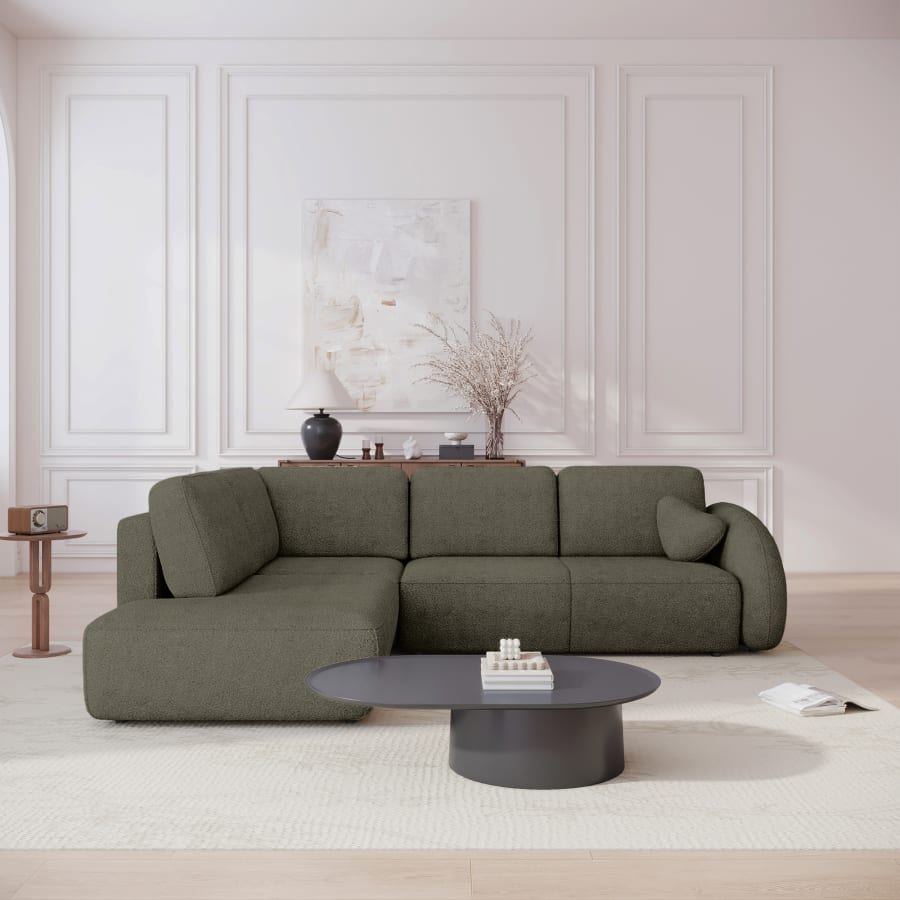 Canapé d'angle convertible avec coffre en tissu bouclette vert - Angle gauche