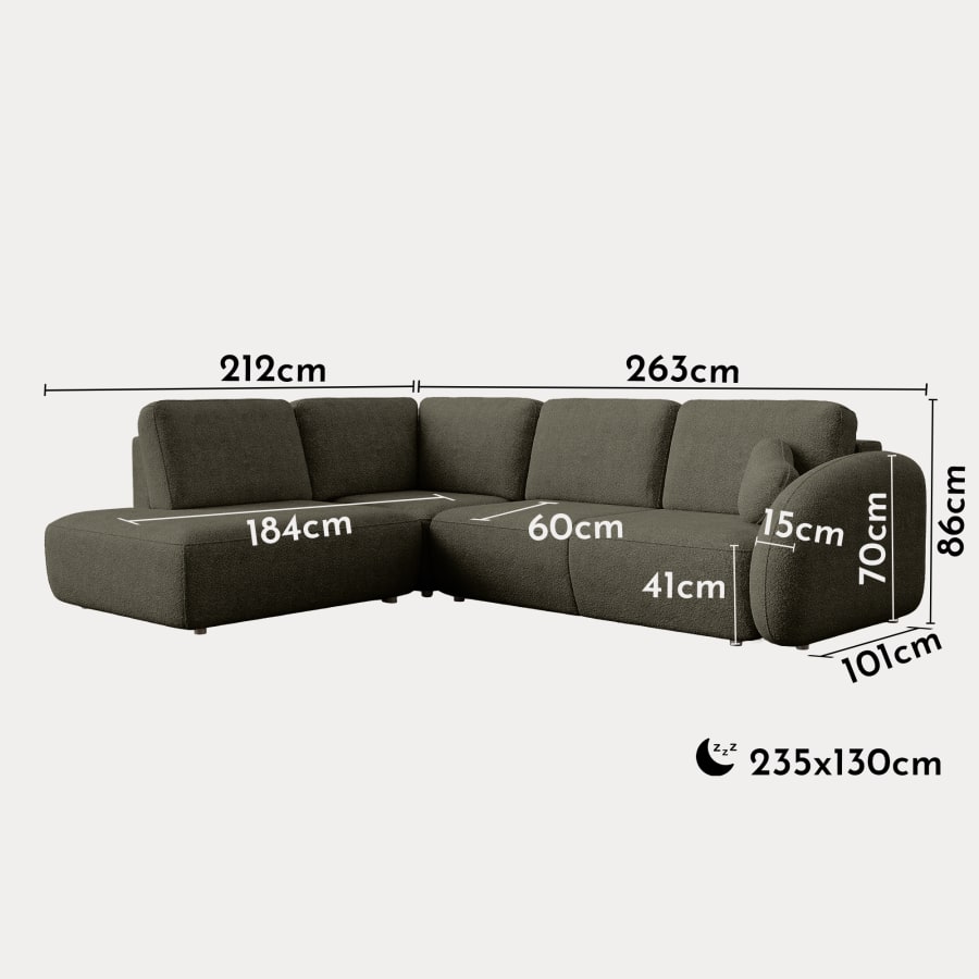 Canapé d'angle convertible avec coffre en tissu bouclette vert - Angle gauche