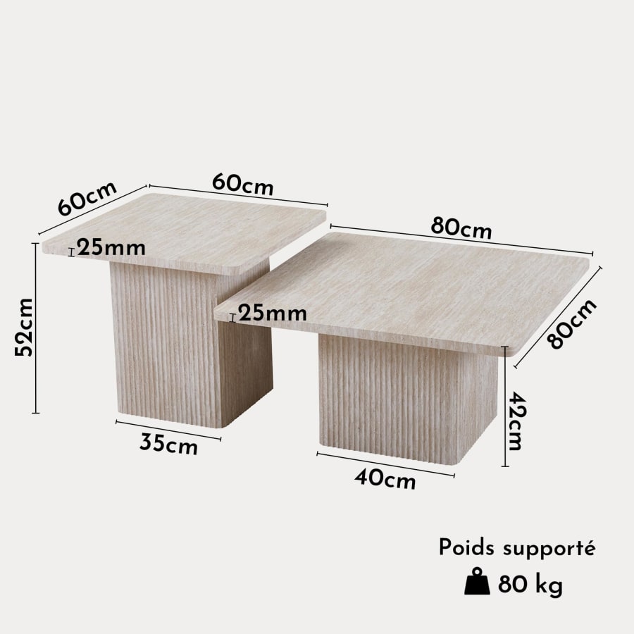 Lot de 2 tables basses carr&eacute;es couleur travertin