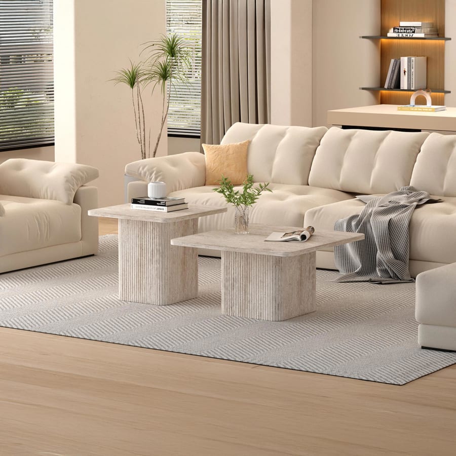 Lot de 2 tables basses carr&eacute;es couleur travertin