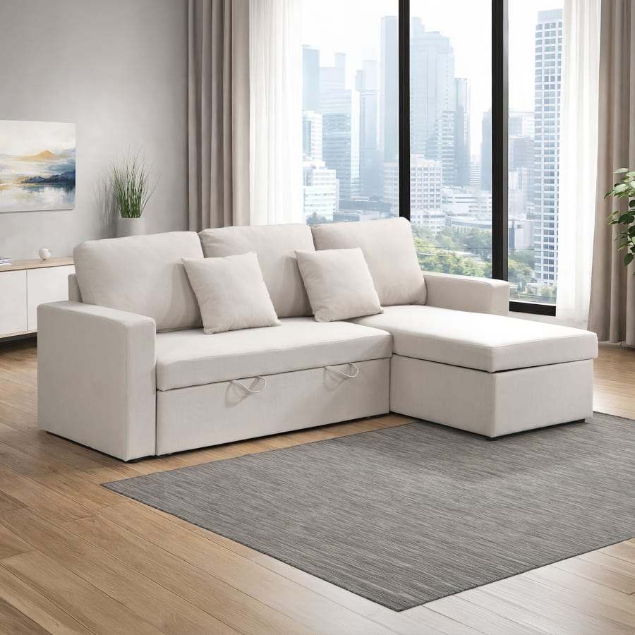 Canap&eacute; d'angle convertible et r&eacute;versible avec coffre en tissu beige