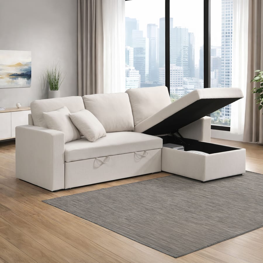 Canap&eacute; d'angle convertible et r&eacute;versible avec coffre en tissu beige