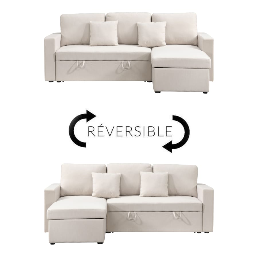 Canap&eacute; d'angle convertible et r&eacute;versible avec coffre en tissu beige