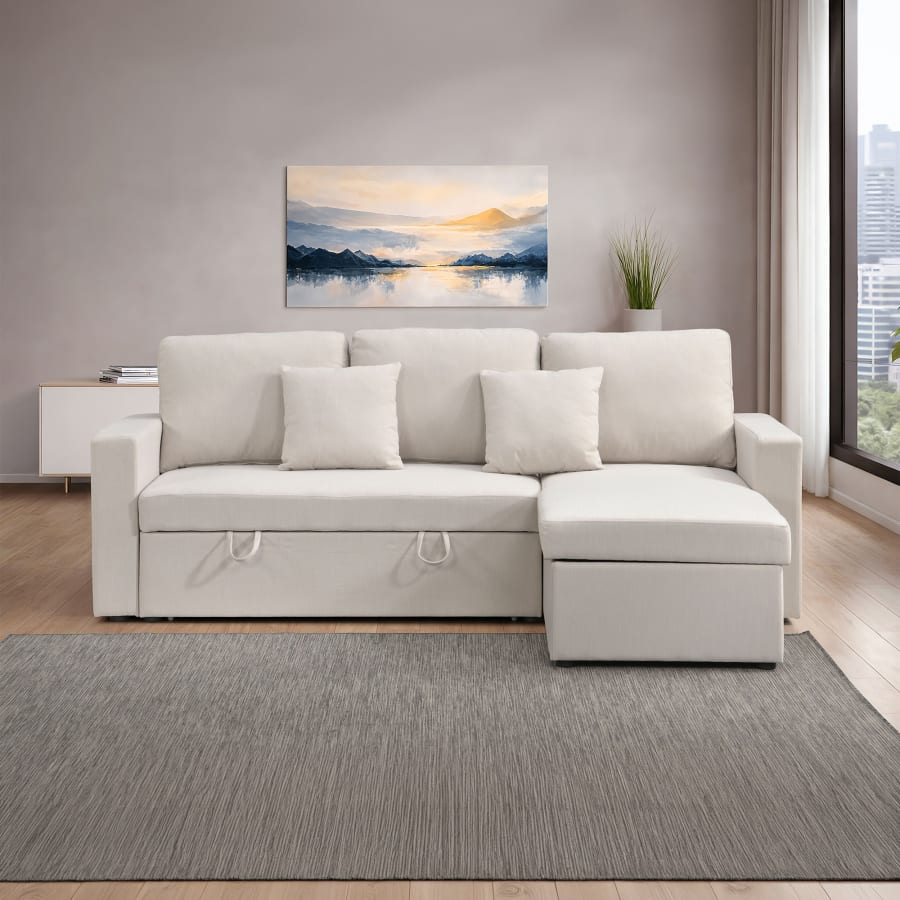 Canap&eacute; d'angle convertible et r&eacute;versible avec coffre en tissu beige