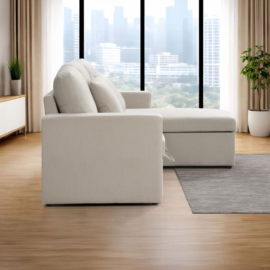 Canap&eacute; d'angle convertible et r&eacute;versible avec coffre en tissu beige