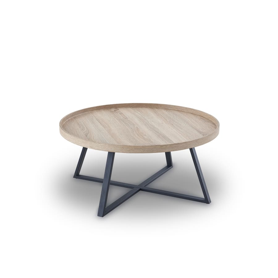 Table basse ronde en bois clair pi&egrave;tement en m&eacute;tal noir