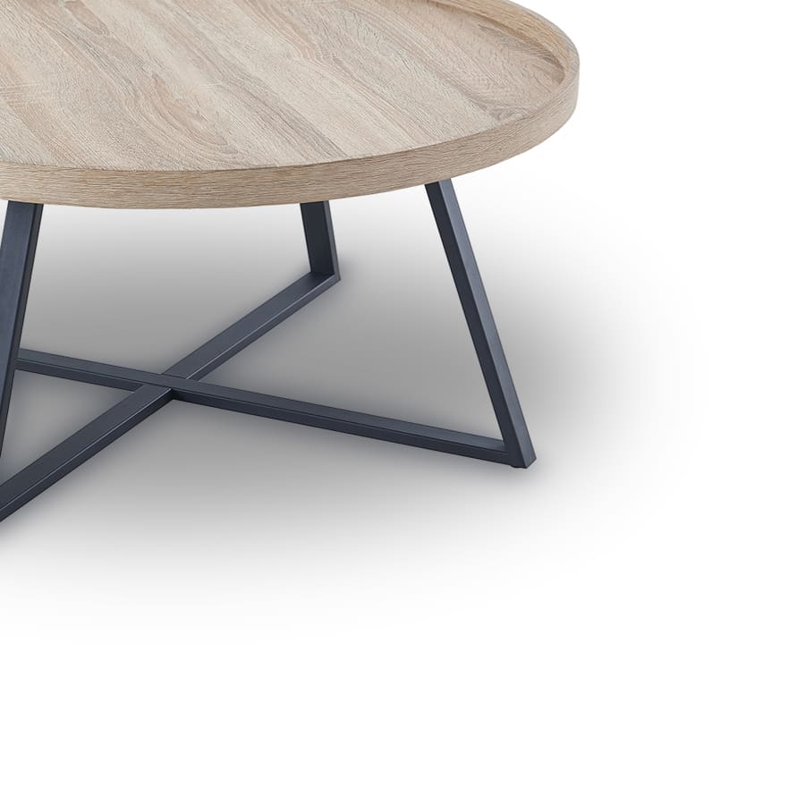 Table basse ronde en bois clair pi&egrave;tement en m&eacute;tal noir
