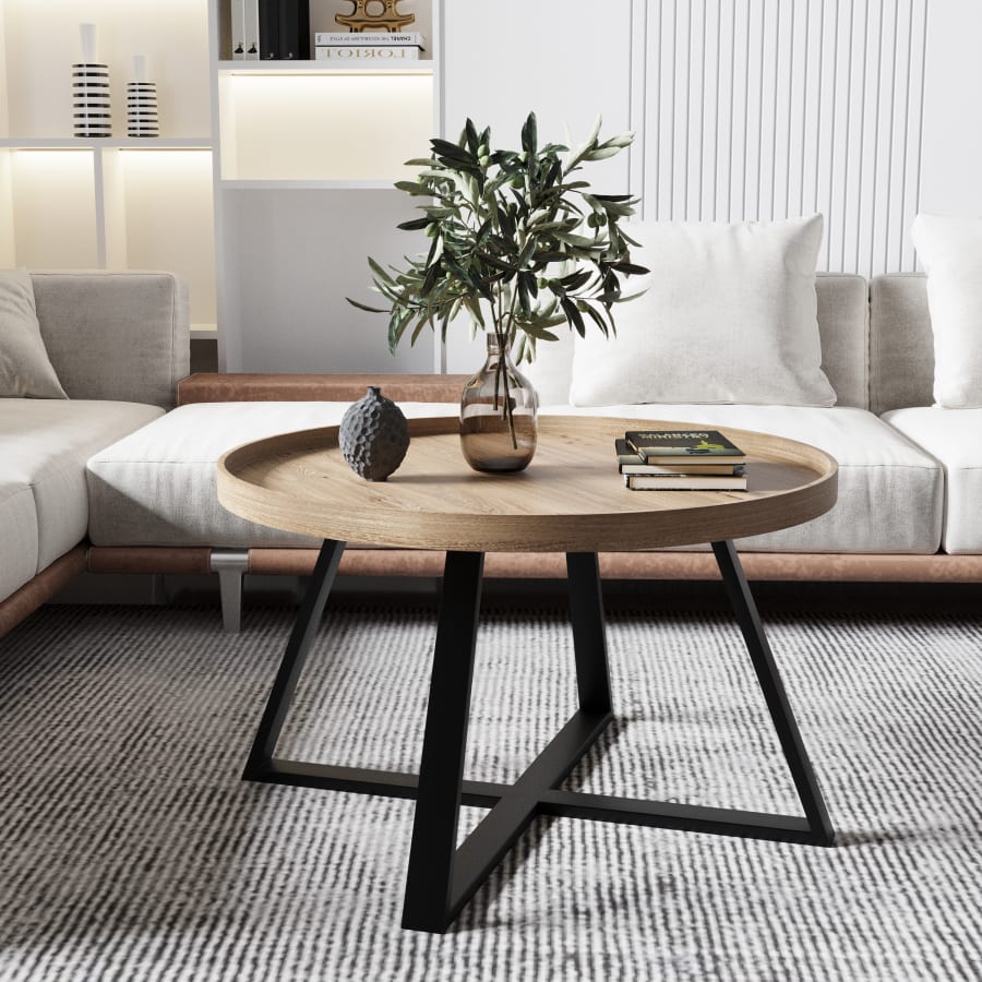 Table basse ronde en bois clair pi&egrave;tement en m&eacute;tal noir