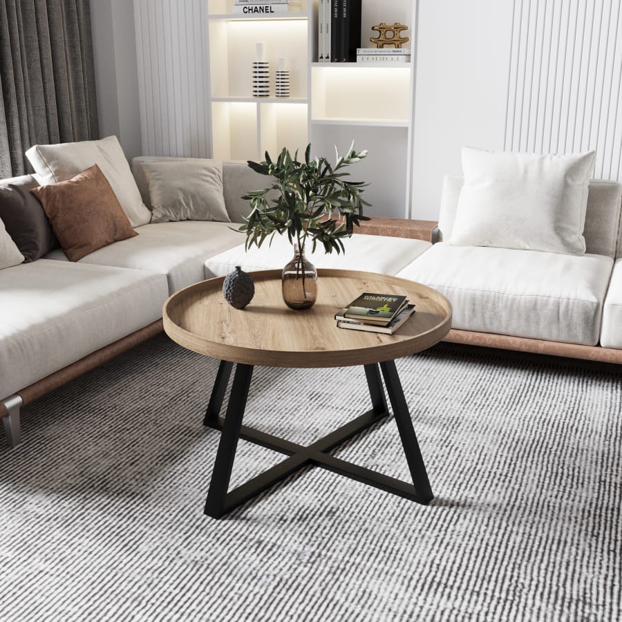 Table basse ronde en bois clair pi&egrave;tement en m&eacute;tal noir