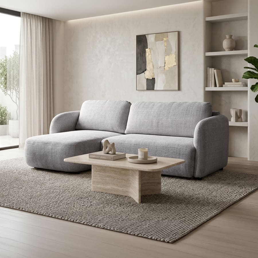 Canap&eacute; d'angle convertible avec coffre en tissu gris - Angle gauche