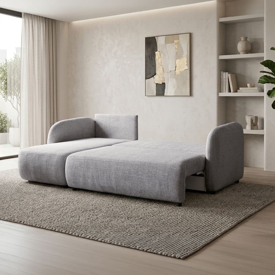 Canap&eacute; d'angle convertible avec coffre en tissu gris - Angle gauche