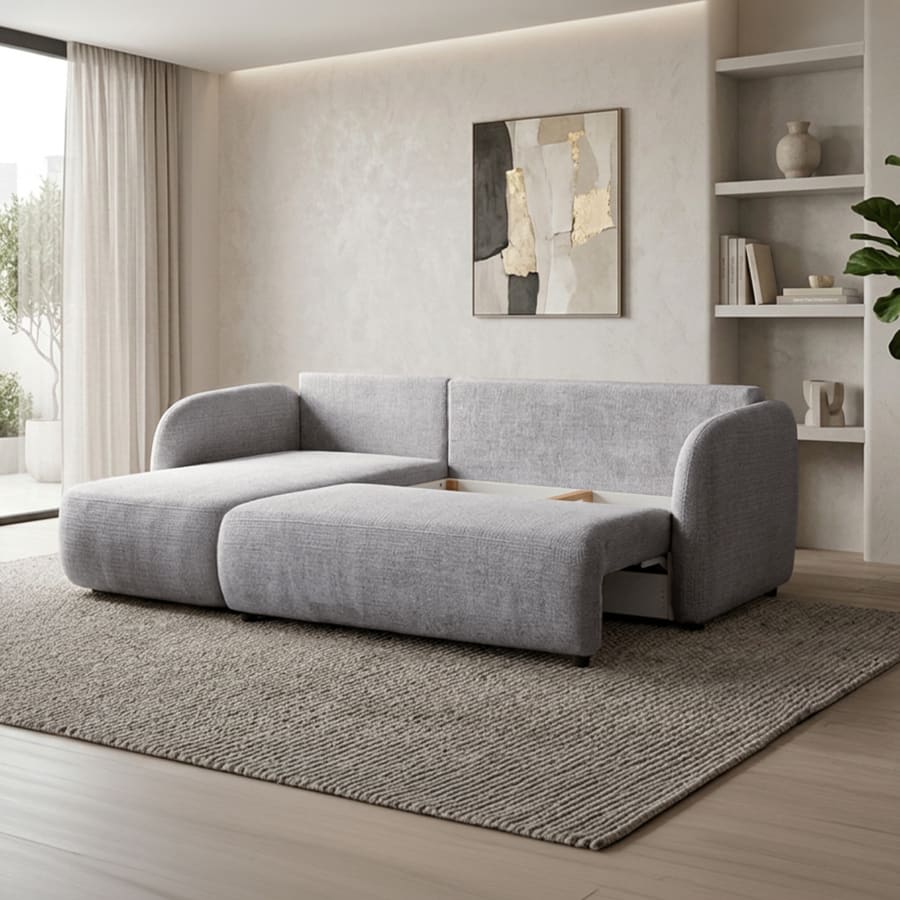Canap&eacute; d'angle convertible avec coffre en tissu gris - Angle gauche