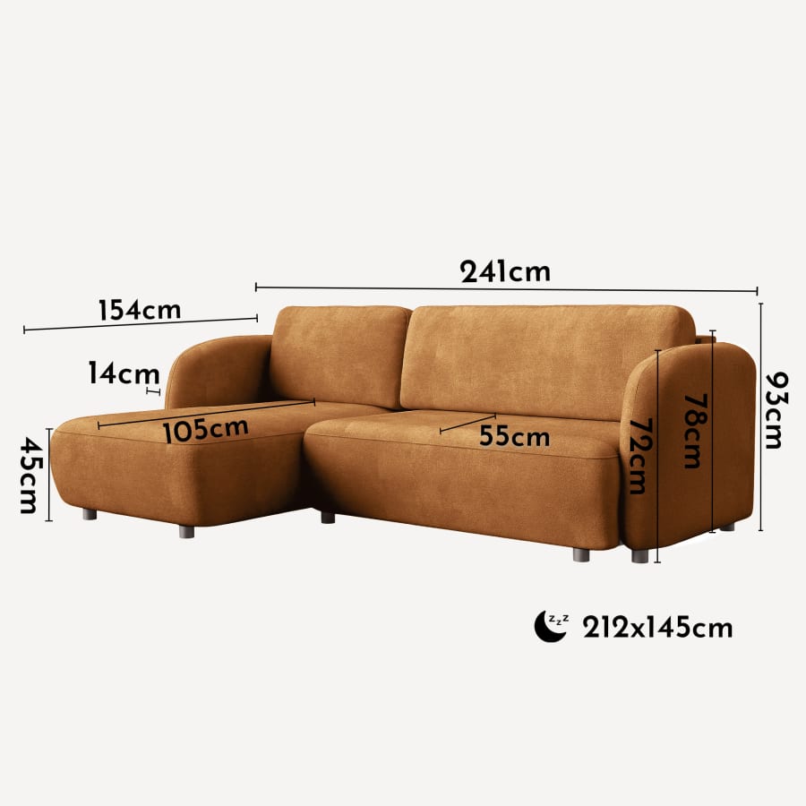 Canapé d'angle convertible avec coffre en tissu orange - Angle gauche