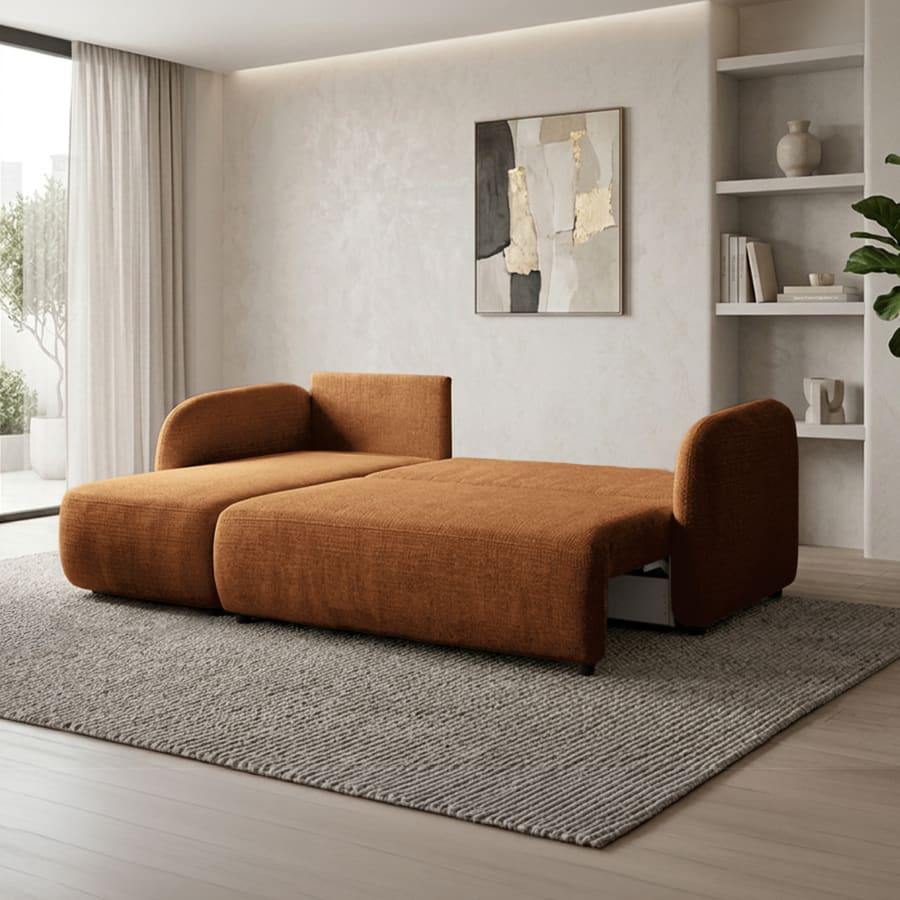 Canap&eacute; d'angle convertible avec coffre en tissu orange - Angle gauche