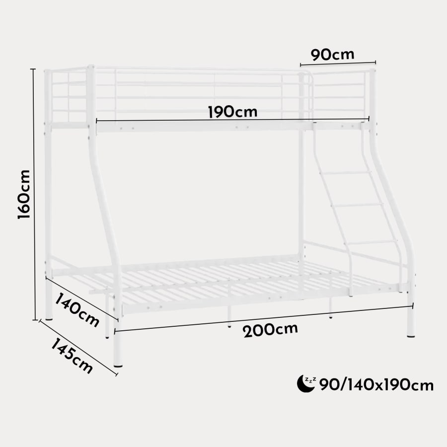 Lit superposé en métal blanc 90 x 190 cm + 140 x 190 cm
