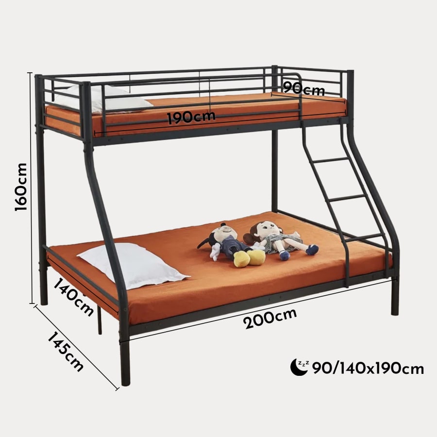Lit superposé en métal noir 90x190 cm + 140x190 cm
