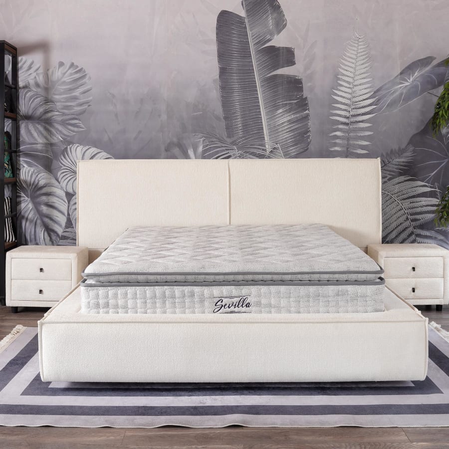 Lit double en tissu beige avec coffre 140x190 cm