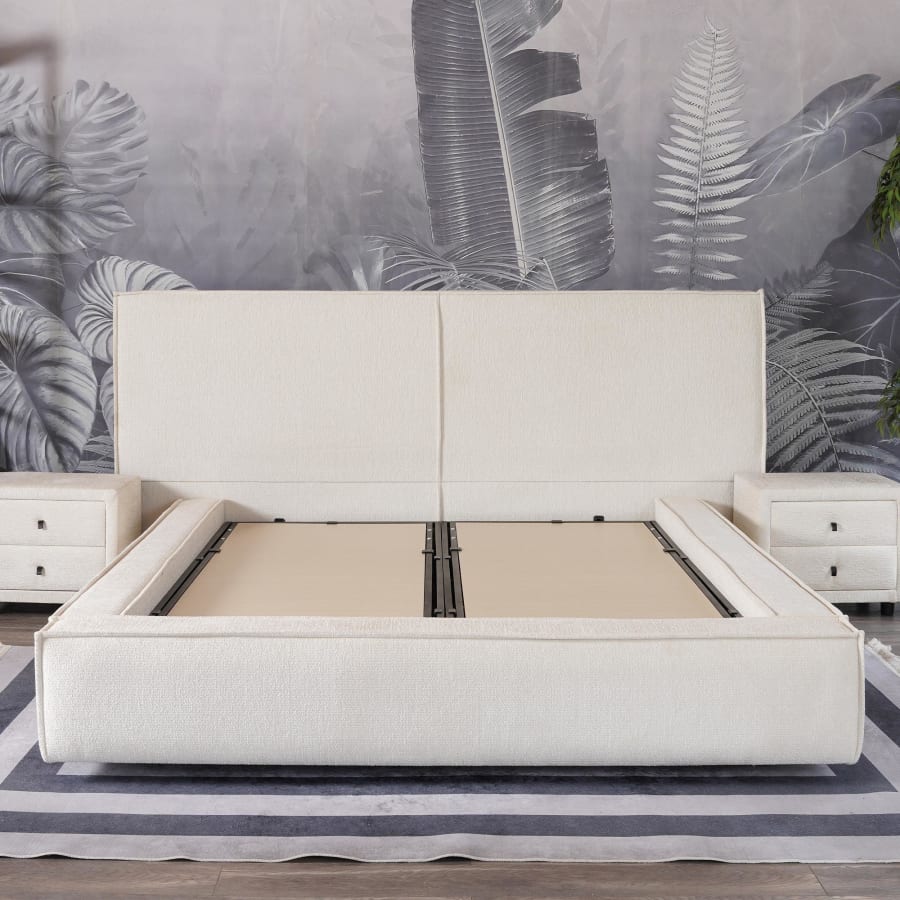 Lit double en tissu beige avec coffre 140x190 cm