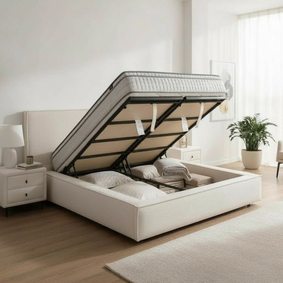 Lit double en tissu beige avec coffre 140x190 cm