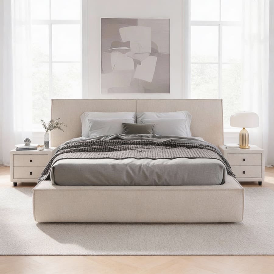 Lit double en tissu beige avec coffre 160x200 cm