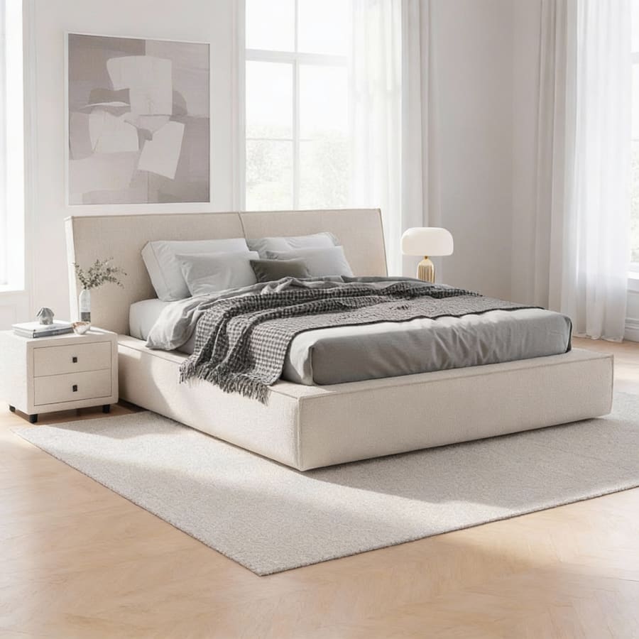 Lit double en tissu beige avec coffre 160x200 cm