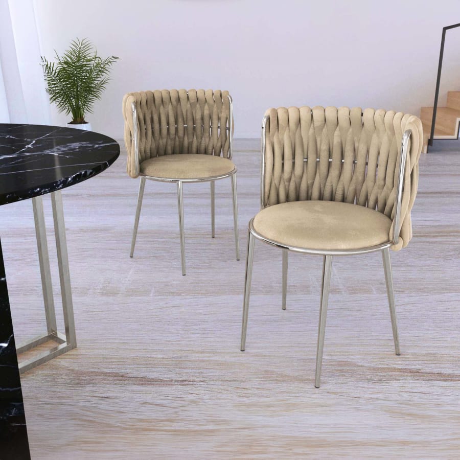 Lot de 2 chaises design en velours beige et pieds argentés