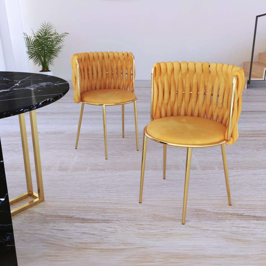 Lot de 2 chaises design en velours moutarde et pieds dorés