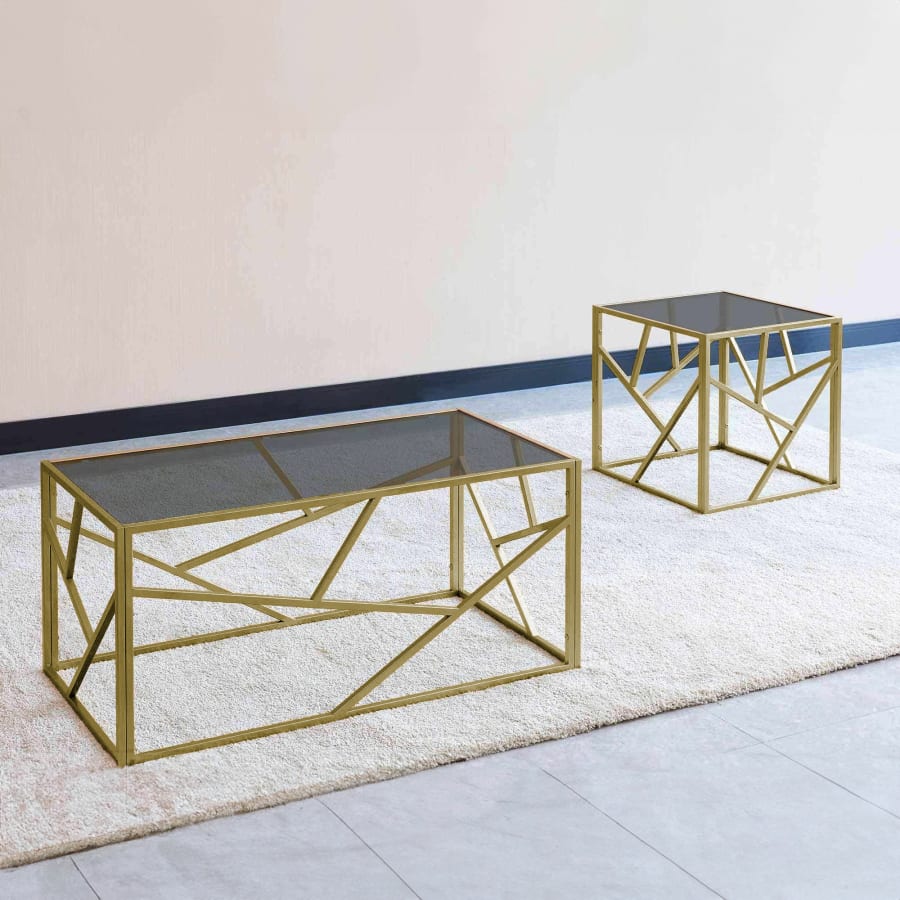 Table basse rectangulaire en verre noir et m&eacute;tal dor&eacute;