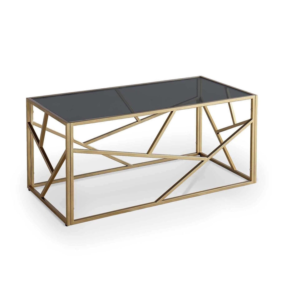 Table basse rectangulaire en verre noir et m&eacute;tal dor&eacute;