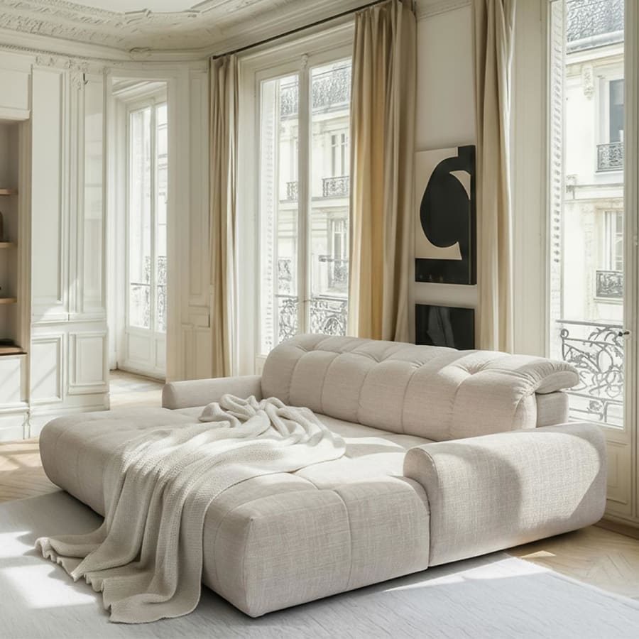 Canap&eacute; d'angle convertible avec coffre en tissu beige - Angle droit