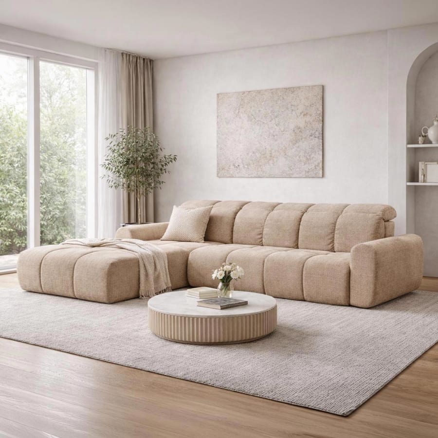 Canap&eacute; d'angle convertible avec coffre en tissu taupe - Angle gauche